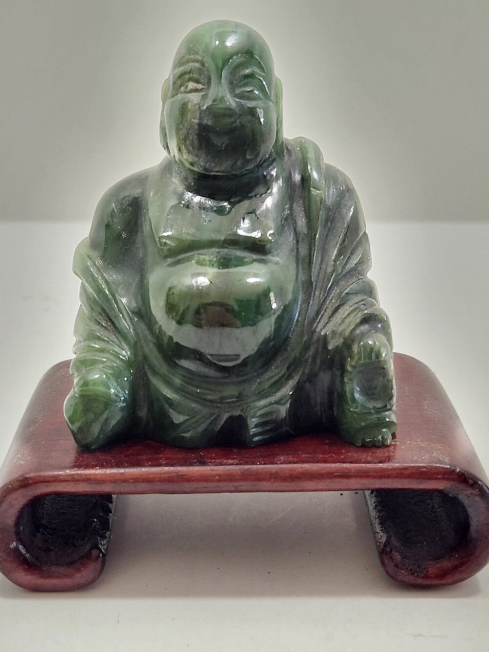 Vintage Spinach Jade Sitting "Laughing Buddha" Budai/Hotei With Wood Stand